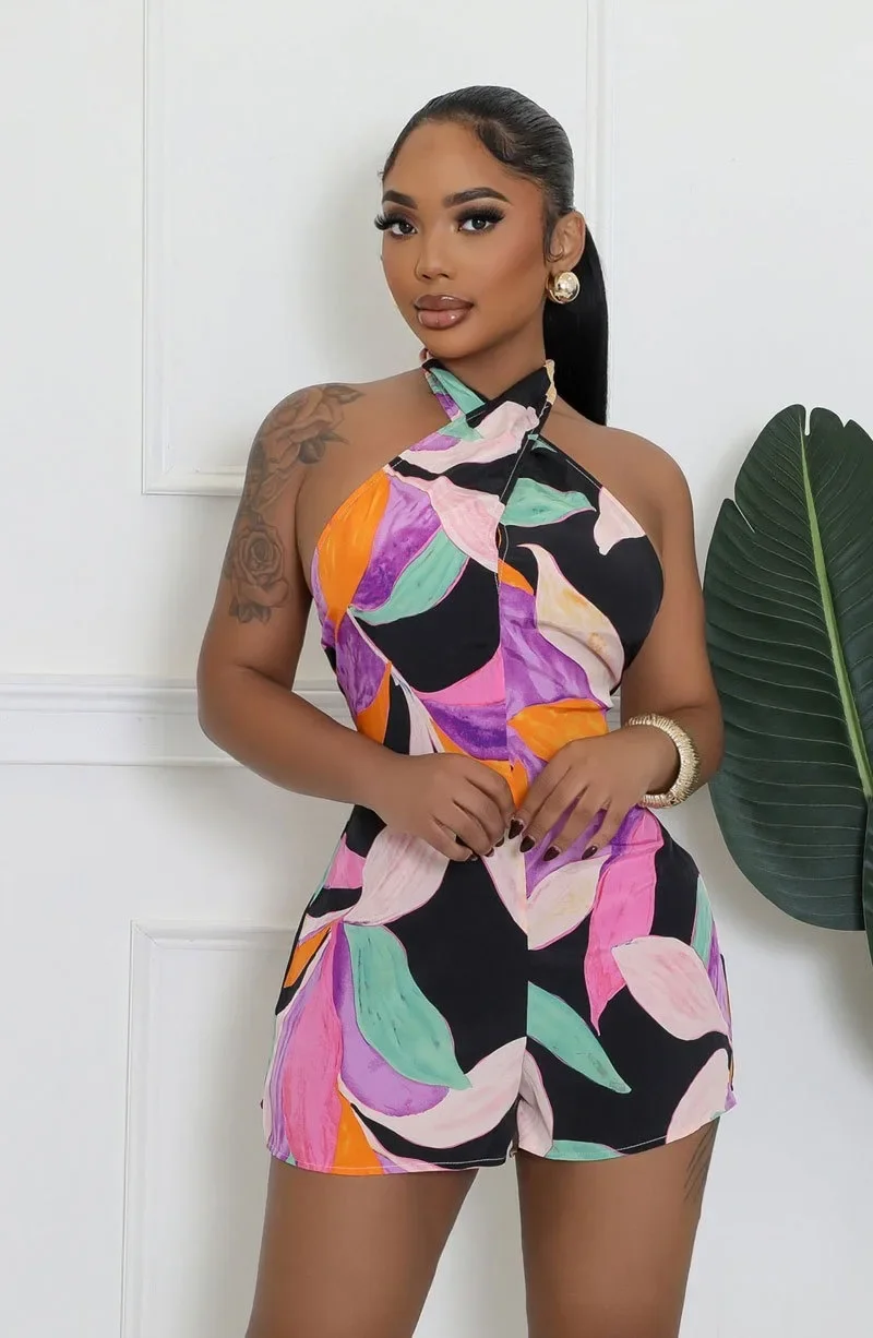 

GUWU Women Sleeveless Halter Short Jumpsuits Street Playsuits Summer Print Casual Sexy Backless One Piece Suit Romper