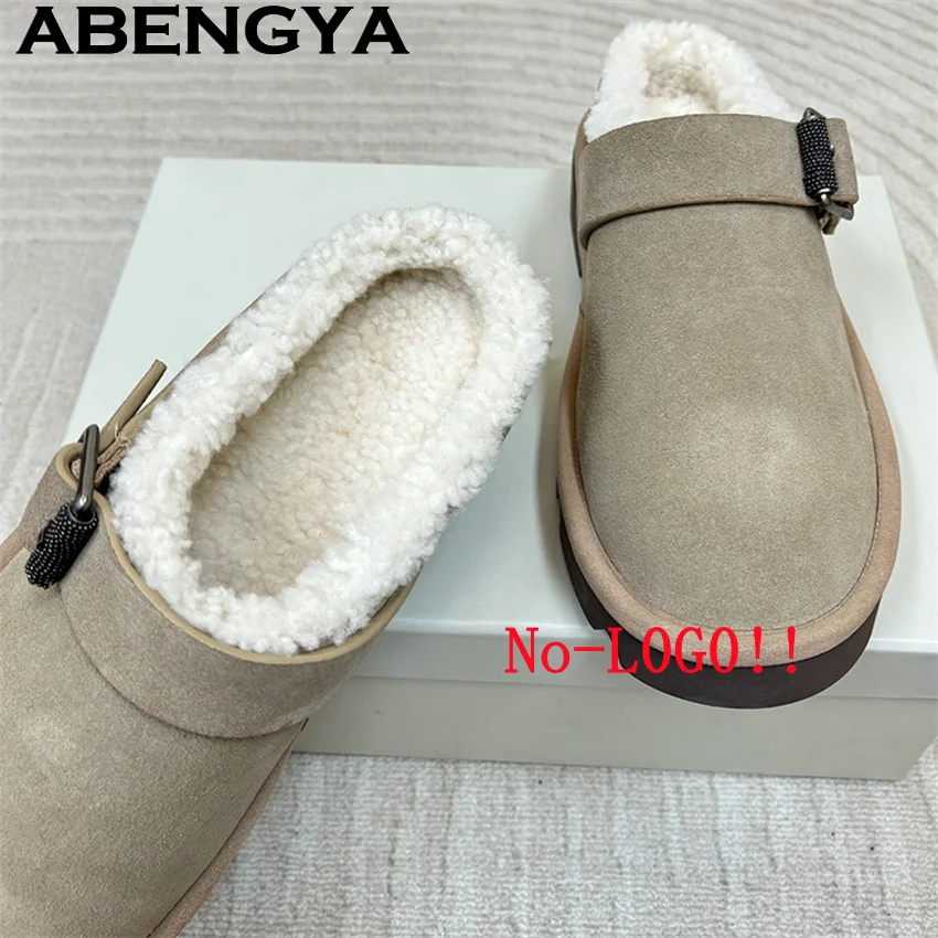 الشتاء جولة التفاف تو الصوف الفراء نعال مسطحة النساء جلد الغزال الحقيقي الدافئة سميكة البغال عادية النعال Zapatos de Mujer