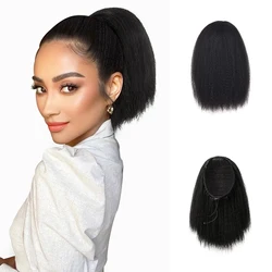 Extensões do cabelo do ponytail do cordão para mulheres e meninas, Yaki preto natural curto reto, 10