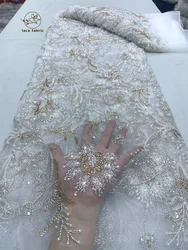 White African Luxury Beaded Tulle Lace Fabric 2024 Nigerian Handmade Heavy Sequins Groom Lace Fabric For Bridal Wedding Dresses