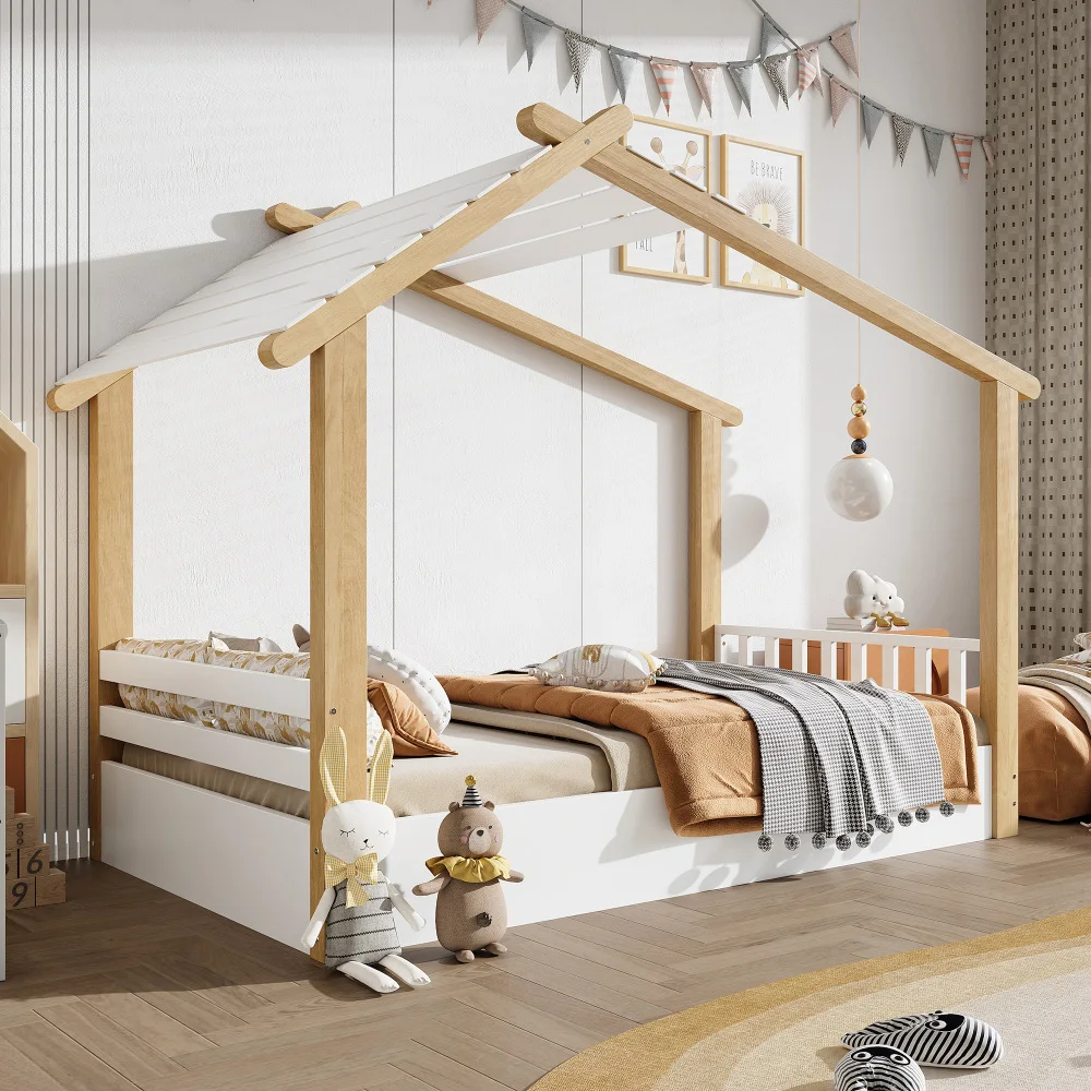 PINGGO Weißes Naturholz-Einzelbett 90x200cm Hausdesign Lattenrost Kiefer+Spanplatte+MDF Ohne Matratze – Detail 6