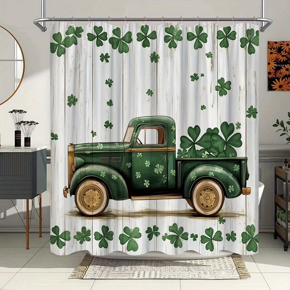 

Винтажная зеленая занавеска для душа Pickup Truck — ирландская тема, Shamrocks, фон из состаренного дерева, полиэстер