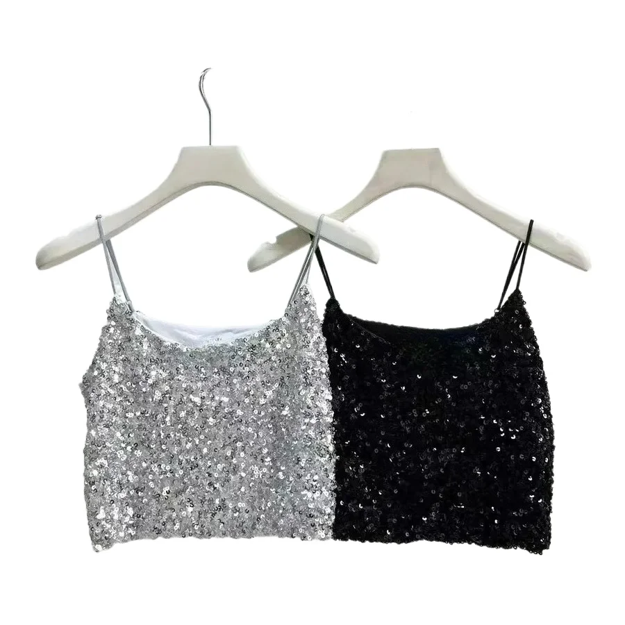 Letni błyszczący top na ramiączkach dla dziewcząt 2025, koreański uniwersalny modny top na ramiączkach, błyszcząca kamizelka na ramiączkach dla uczennic.