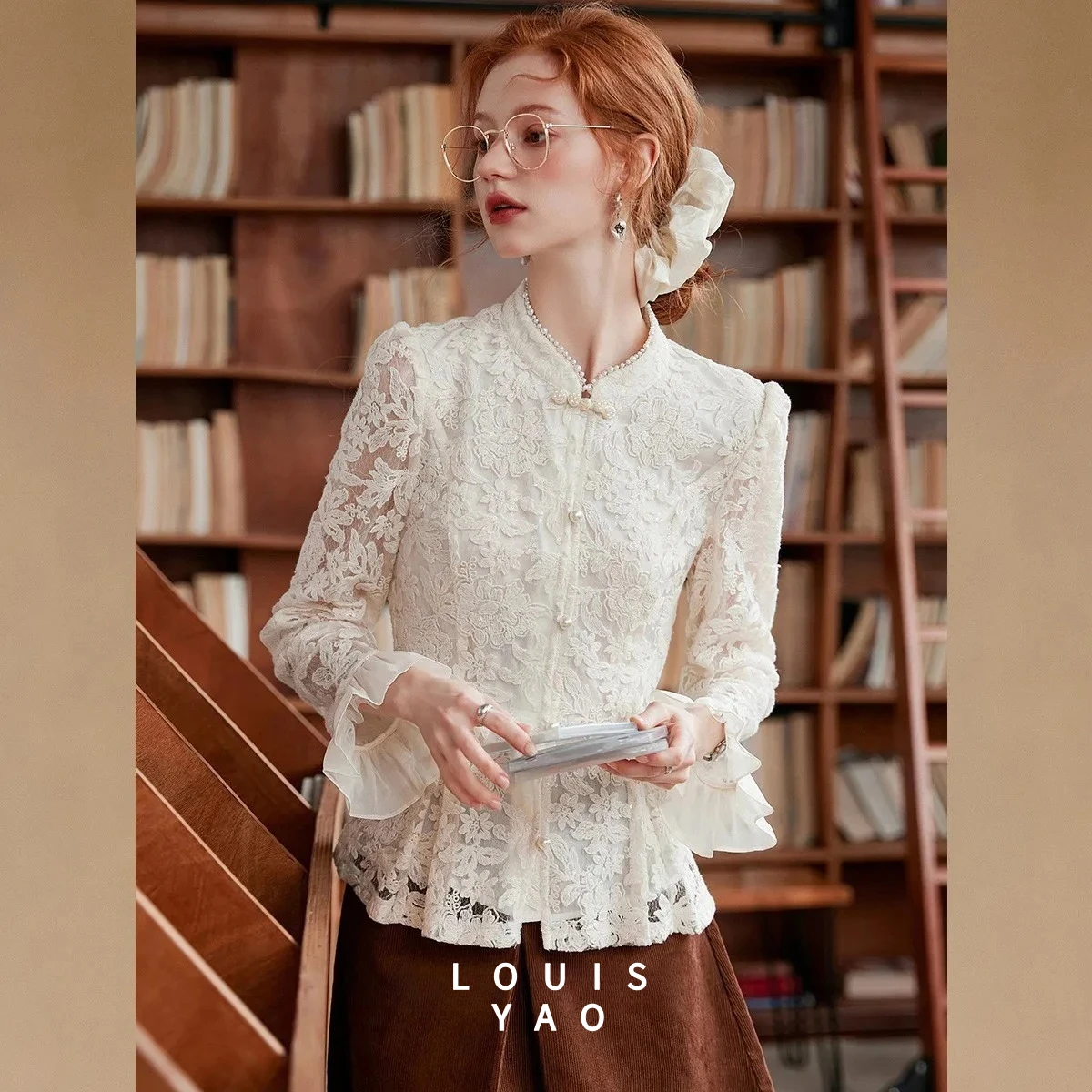 

LOUISYAO Ruffled Cuffs Patchwork Women's Shirt 2025 Autumn New Chicel Egant Woman Blouses Collar Bead Chain Button Tops