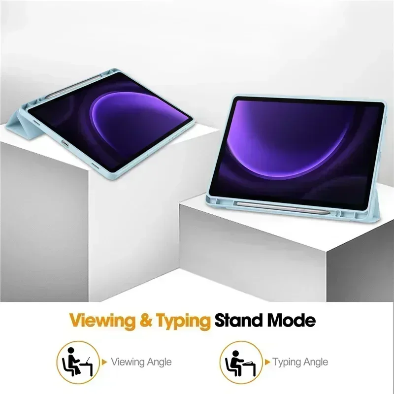 Para samsung tab s9 fe caso com suporte de caneta três dobras leaher macio suporte traseiro capa inteligente para galaxy tab s9 fe 10.9 polegada 2023 caso