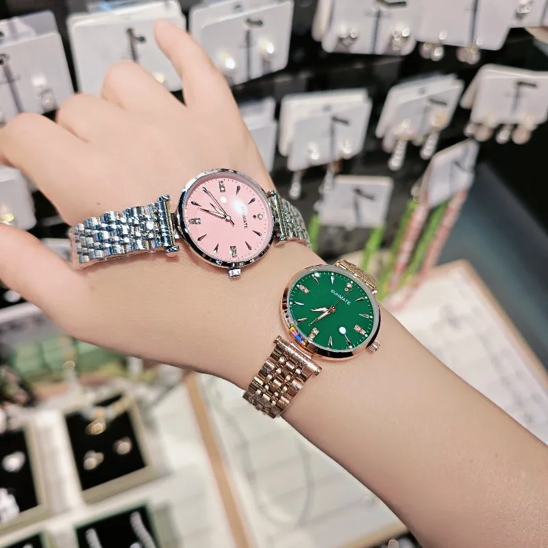 ساعة نسائية رسمية بسيطة من الفولاذ المقاوم للصدأ مقاومة للماء كوارتز ساعة ماسية فاخرة ساعة نسائية عصرية بمينا أبيض وأخضر ووردي #3