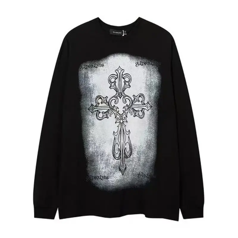 Hip Hop Streetwear 100% Cotton Sweatshirt Women Men Dark Style Cross Print Pullover HarajukuCasual 2023 Spring New Sweatshirts