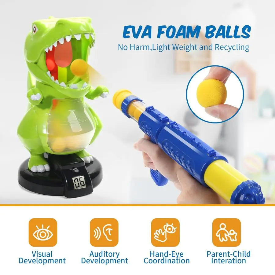 Juguetes de tiro de dinosaurios para niños de 5, 6, 7, 8 y 9 años, juegos electrónicos de tiro al blanco para niños con pistola de aire comprimido, registro de puntuación en LCD, sonido, 24 juegos