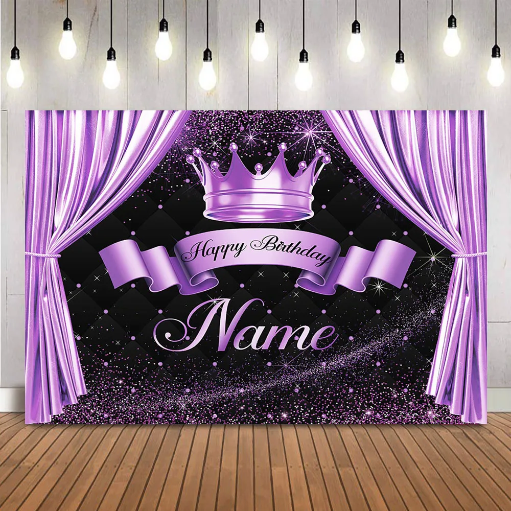 Purple Birthday Background Customize Name Purple Curtain Backdrop Crown Princess Birthday Party Decoration Banner Photocall