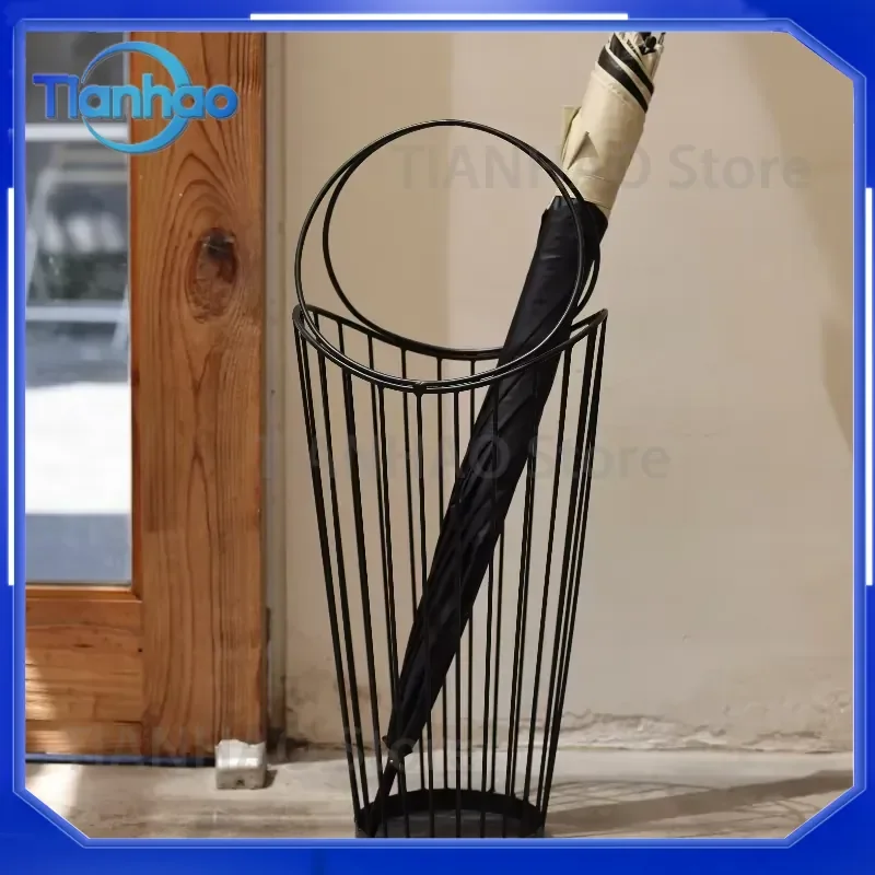Nordic Basket Umbrella Stand for Café & Boutique Hotels Black Modern Metal Holder Space-Saving Commercial Home Minimalist