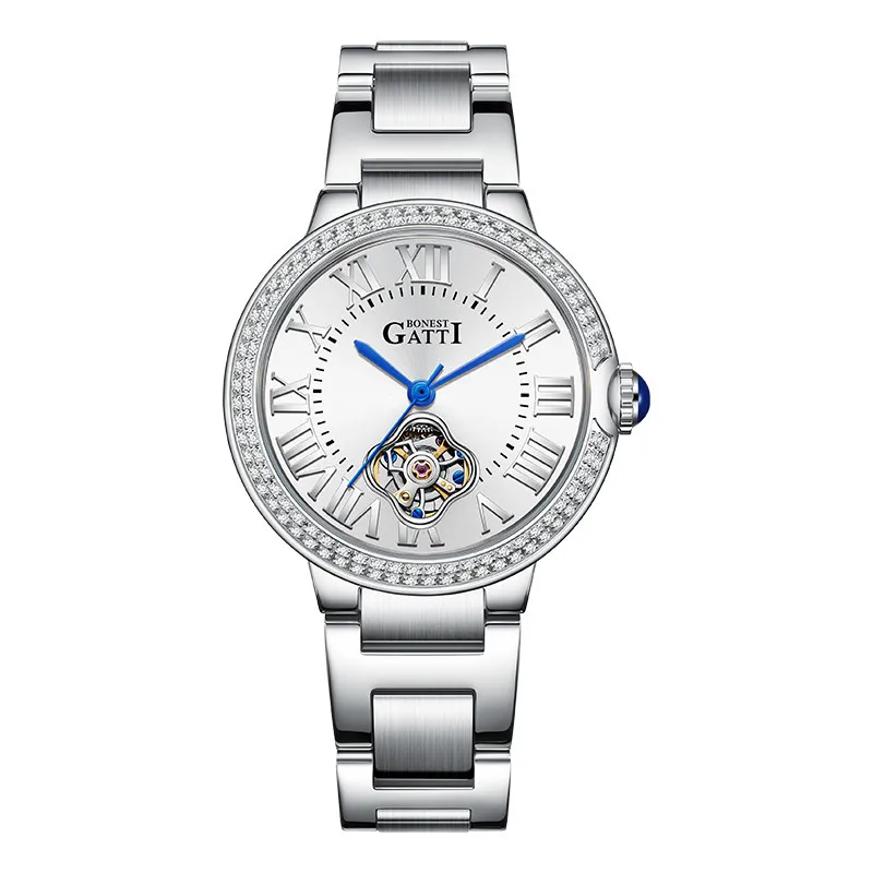 BONEST GATTI Women Automatic Watches 35mm Ladies Mechanical Wristwatch Sapphire Mirror Luminous Skeleton Dial