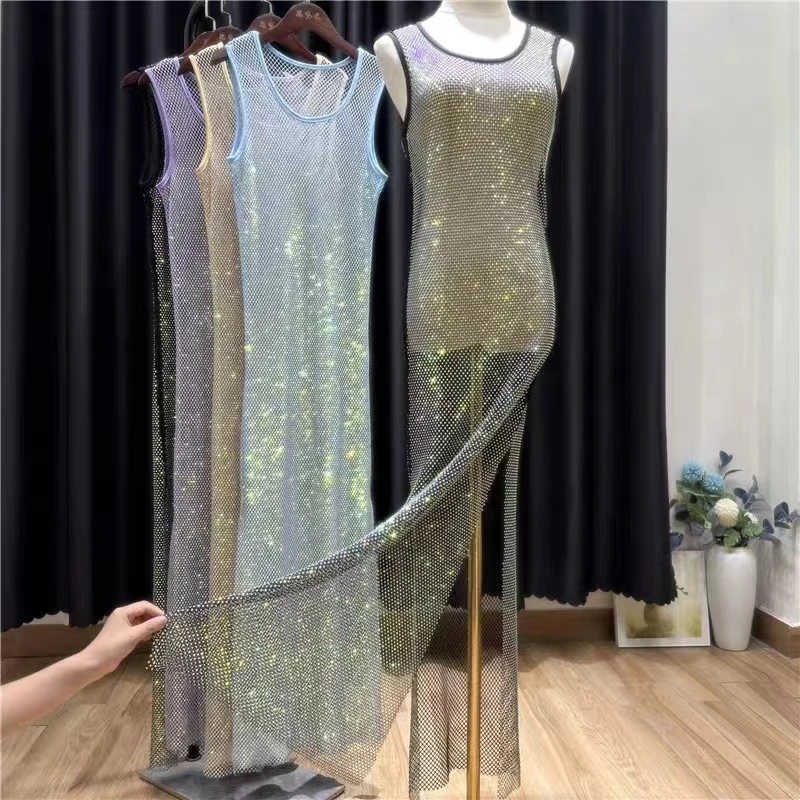 

Fashionable Split Long Colorful Diamond Tank Top Dress Elegant Party Birthday Slim Fit Perspective Evening Dress