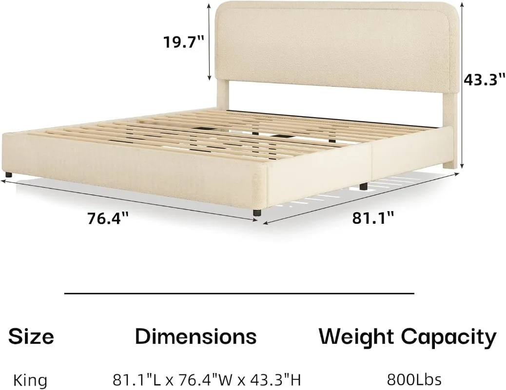 King Bed Frame and Headboard Boucle Upholstered Platform Bed Frame Soft Rounded Corners No Box Spring Required Cream