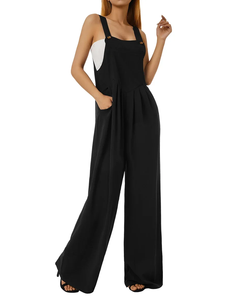 

Summer Women Casual Jumpsuit Solid Color Sleeveless Button Loose Overalls Wide Leg Suspender Pants With Pocket Streetwear