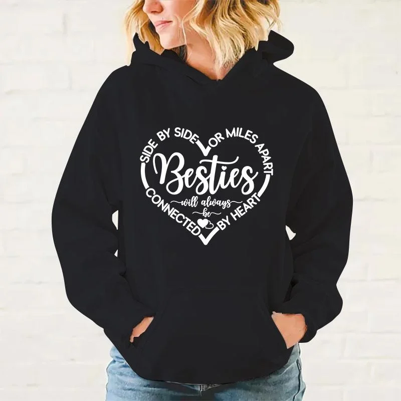 New Women Fashion Autumn And Winter Hoodies Besties Heart Printed Hoodie Street Outdoor Hooded Hip Hop Sweatshirt