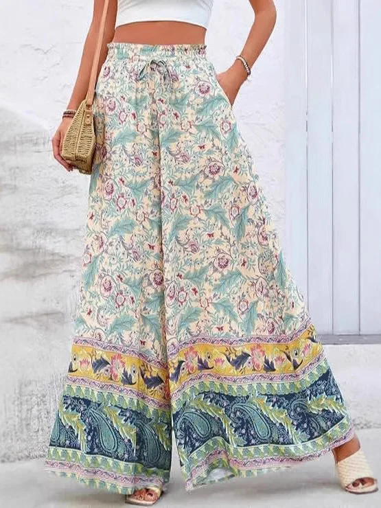 กางเกงขายาวเอวสูงทรงหลวมพิมพ์ลายปะติดสไตล์ลำลองแฟชั่นสตรีฤดูร้อน 2025 ผลิตในจีน