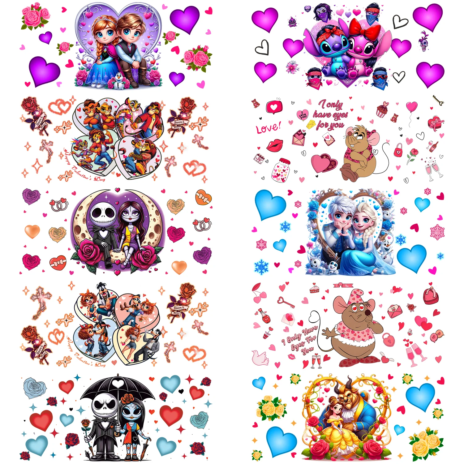 

10 sheets Valentine's Day Mickey easy peel waterproof DIY sticker 3D transfer uvdtf crystal sticker 16 oz uvdtf cup wrap sticker