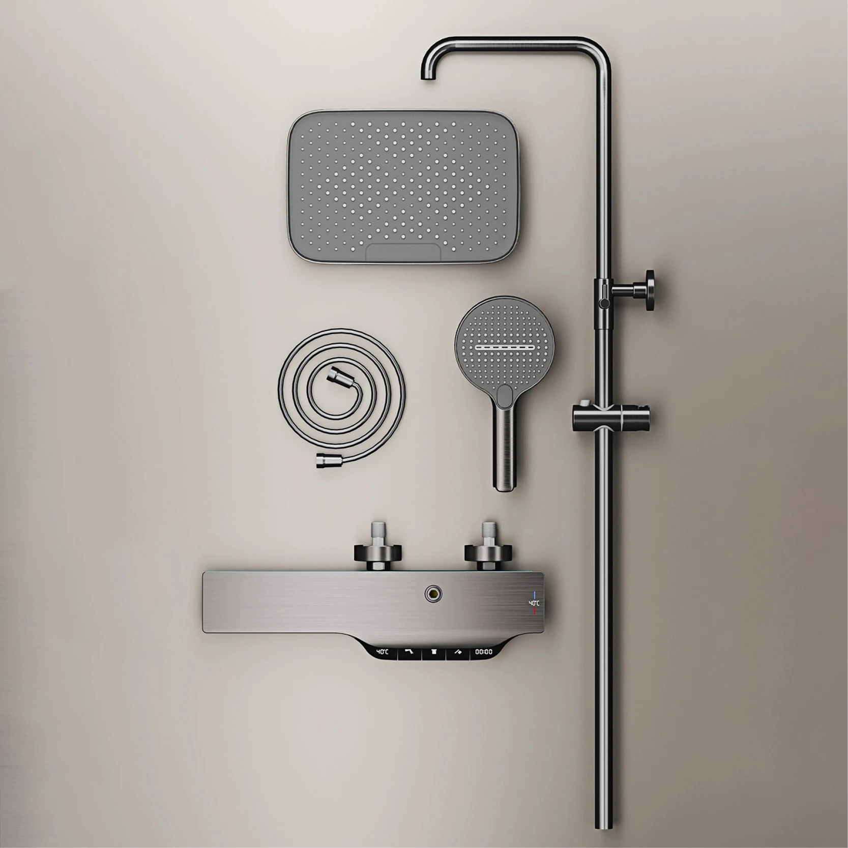 Luxury brass gun gray shower system intelligent LED digital display constant temperature design, dual control bathroom faucet