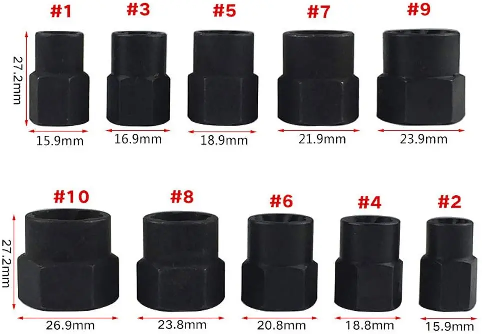 10Pcs 너트 리무버, 9-19mm 충격 너트 추출기 세트, 너트 추출기 소켓, 볼트 리무버 세트, 드라이브 소켓 키트, 잠금 소켓 도구