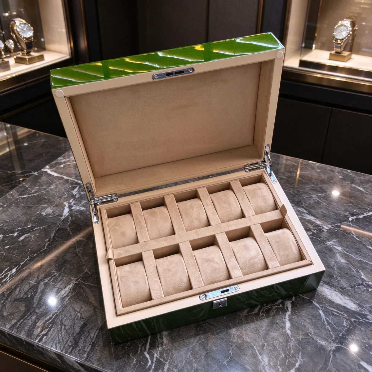 Luxury Square Paper Green Piano Lacquer Watch Box 10 Slots with Lock Removable Suede Cushion Storage Case Custom Logo Outside