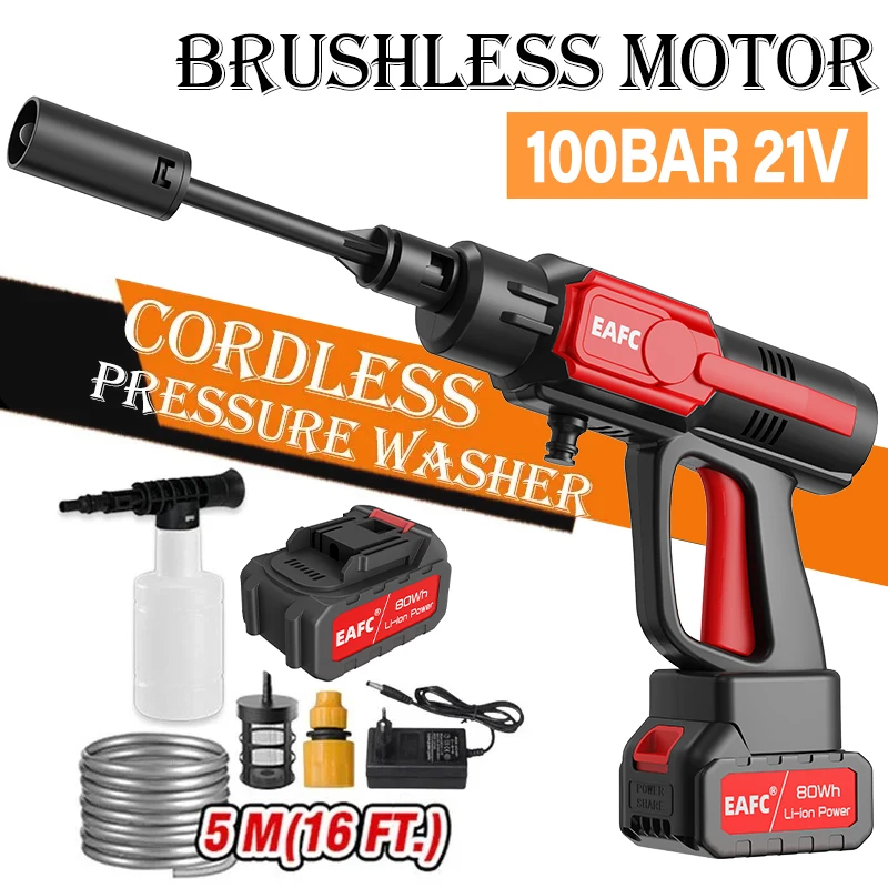 Brushless 100Bar High Pressure Car Washer Gun Electric Cordless Car Washing Water Gun Foam Machine for Auto Home Garden Cleaning