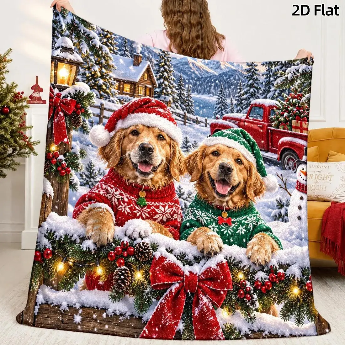 1pc 2D Flat Throw Blanket, Golden Retriever in Christmas Sweater, Winter Scene, Red Green Festive Bow Blanket