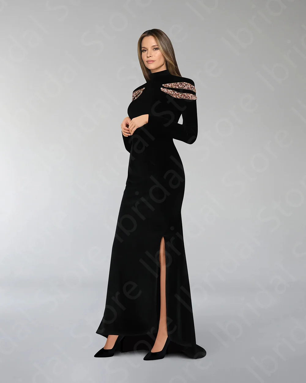 Customized Gorgeous Mother Dresses Mermaid Velvet Mother of the Bride Gowns Black Long Sleeves Wedding Party Dresses Side Split