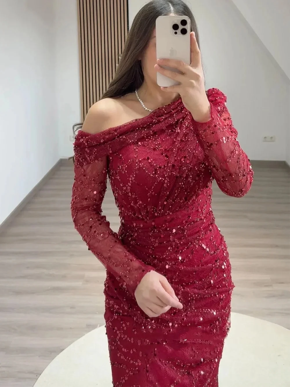 فستان حورية البحر الجديد مطرز بالترتر باللون العنابي للحفلات المسائية بكتف واحد وأكمام طويلة للحفلات الراقصة فساتين رسمية للولائم رداء السهرة #3