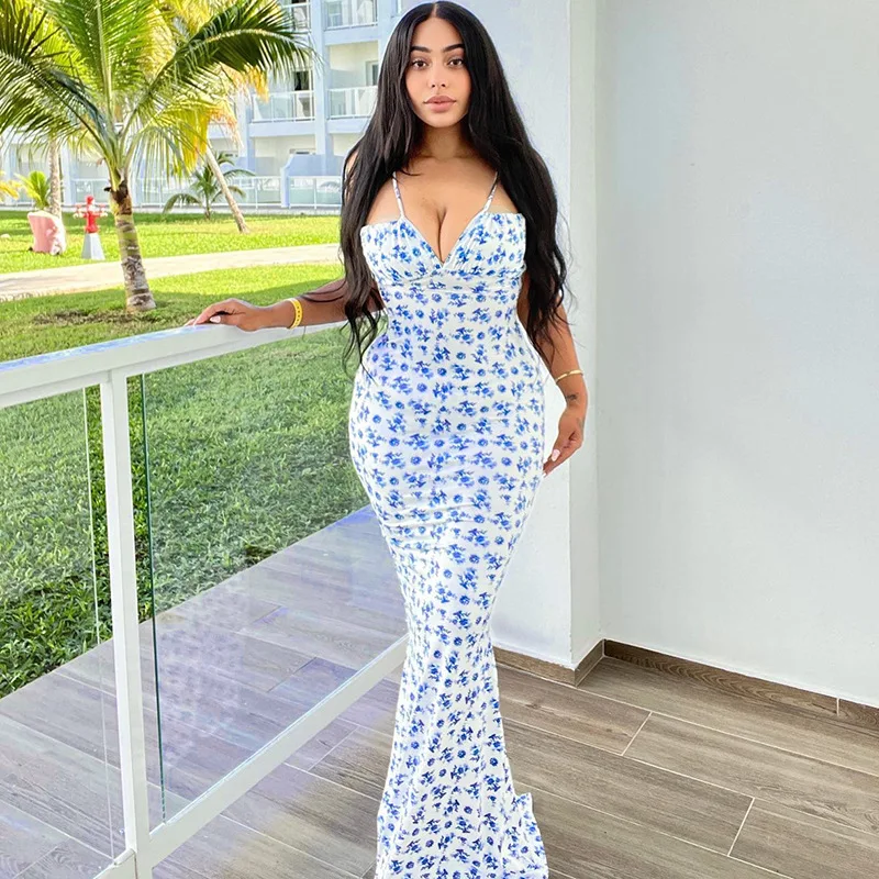 

“Sexy Pink Floral Print Tie Strap V Neck Bodycon Dress For Stylish Women