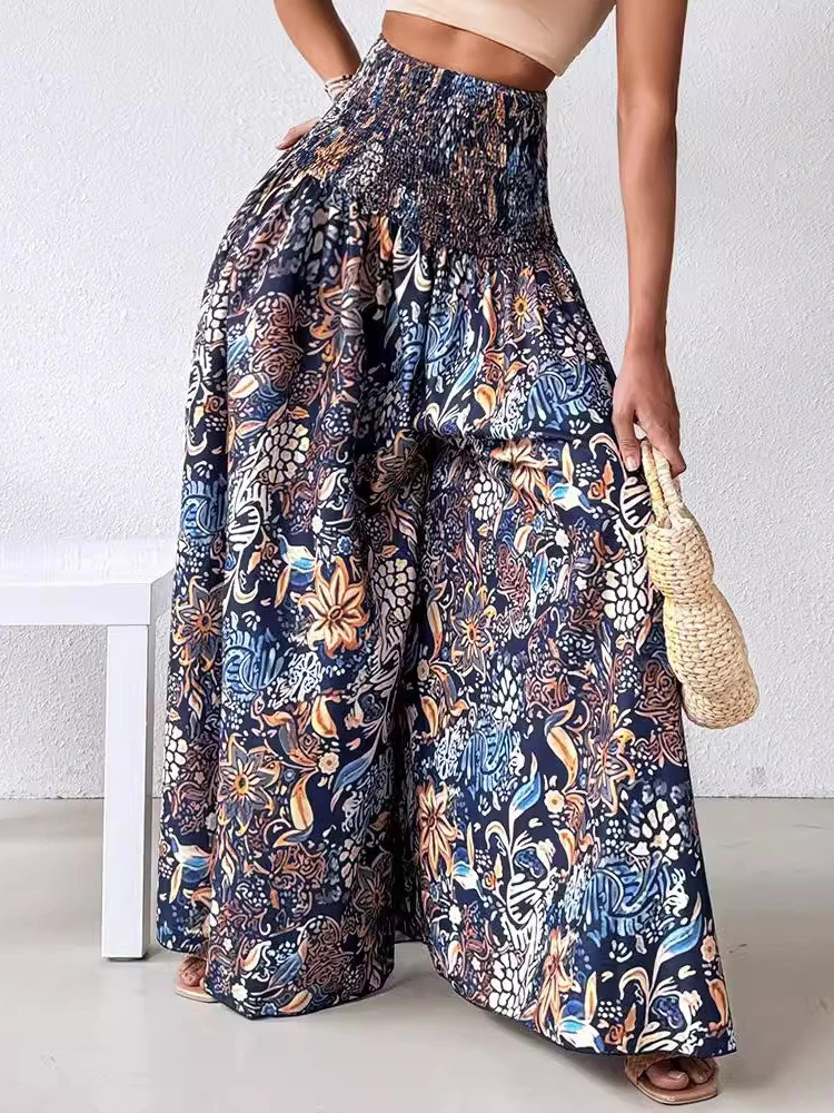 Boho Floral Print Shirred High Waist Wide Leg Pants Women 2024 Temperament Elastic High Waist Swing Long Y2k Trousers Streetwear