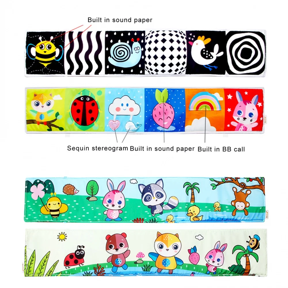 Baby Soft Cloth Book Double-Sided Crib Bumper Cloth Book High Contrast Crinkle Washable Tummy Time Book Toys for Infant Toddlers