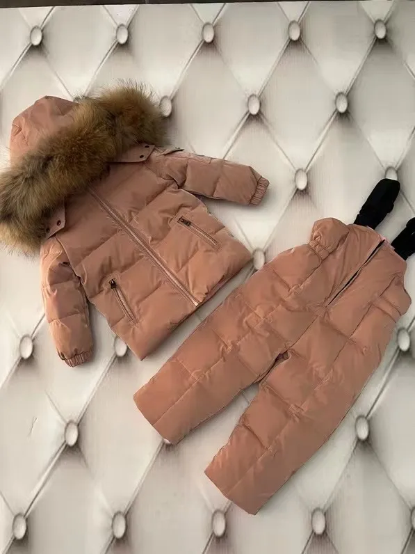 New 2022 Winter Jacket Children down jackets & pant duck down Brand Raccoon Fur hood girl snowsuit set outerwear ski suit Parka
