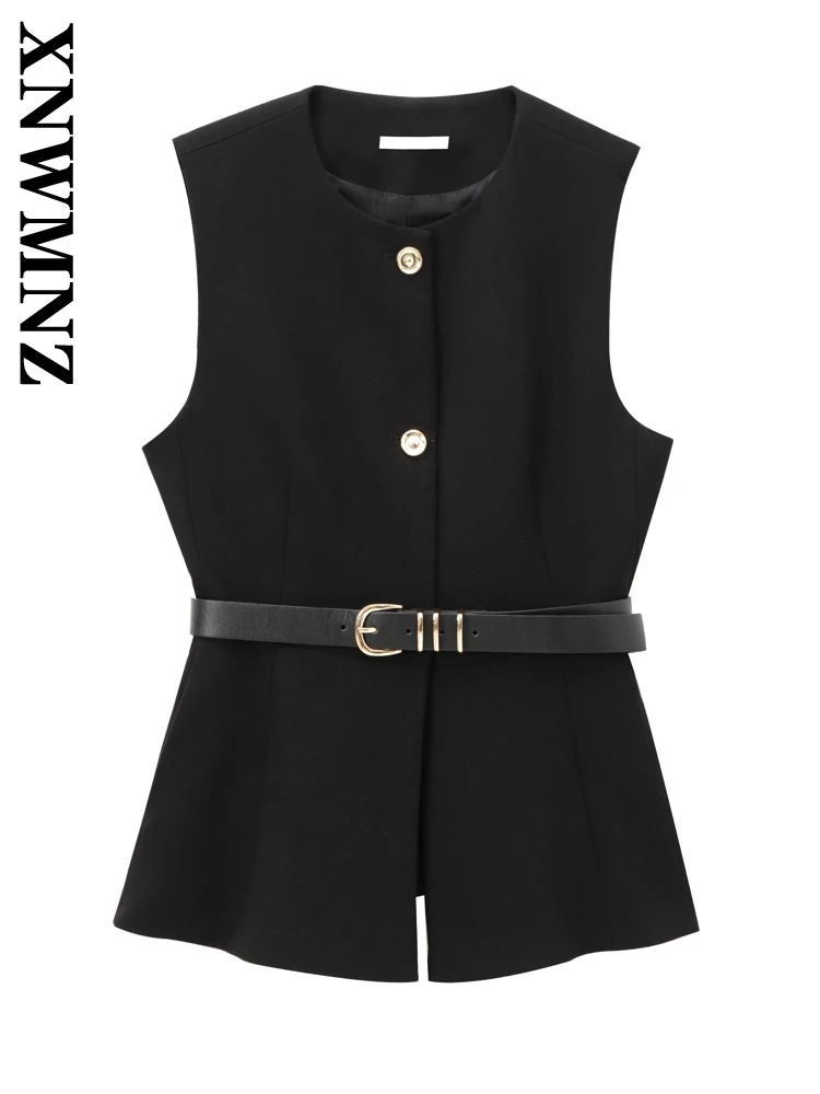 XNWMNZ 2024 Autumn New Lady Streetwear O-Collar Vest Top Hipster Woman Solid Color Sleeveless Waistcoat Ruffles Regular Fit belt