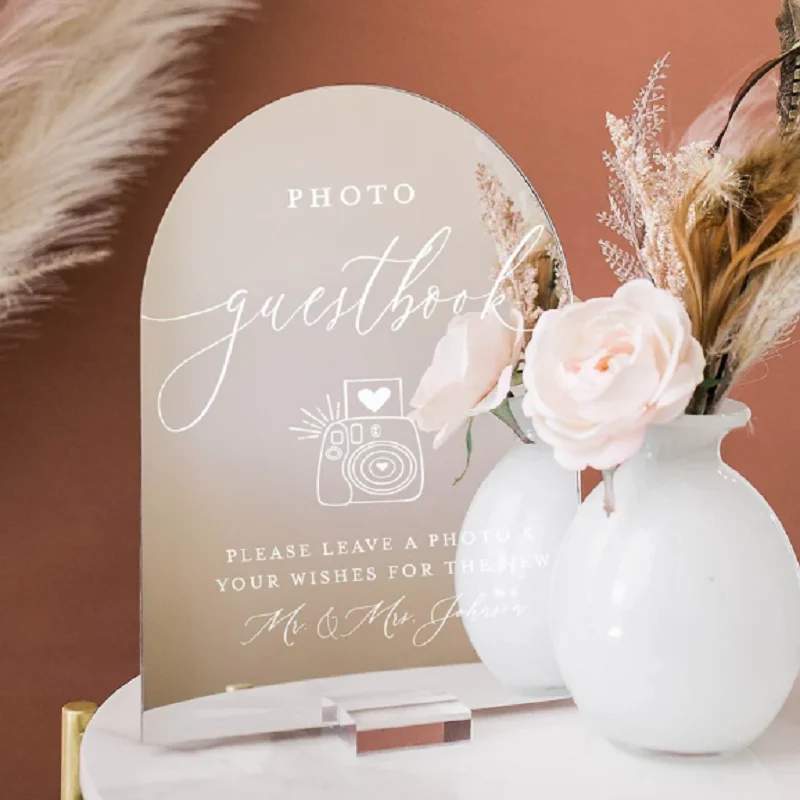 ARCH Gold Silver Mirror Photo Booth Guestbook Snap Shake It Stick It Sign It Acrylic Wedding Leave A Note & Well Wishes Sign