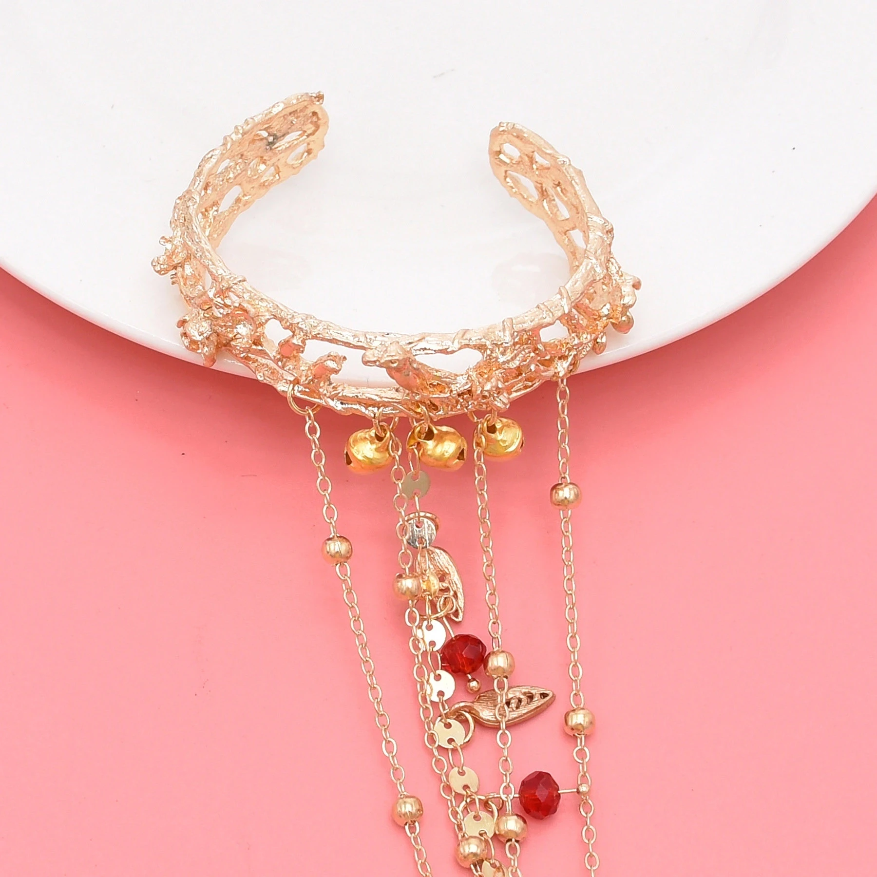 India Belly Dance Open Ring Cuff Bracelet for Women Red Crystal Beads Bell Long Chains Bangles On Hand Jewelry Accessories Gifts