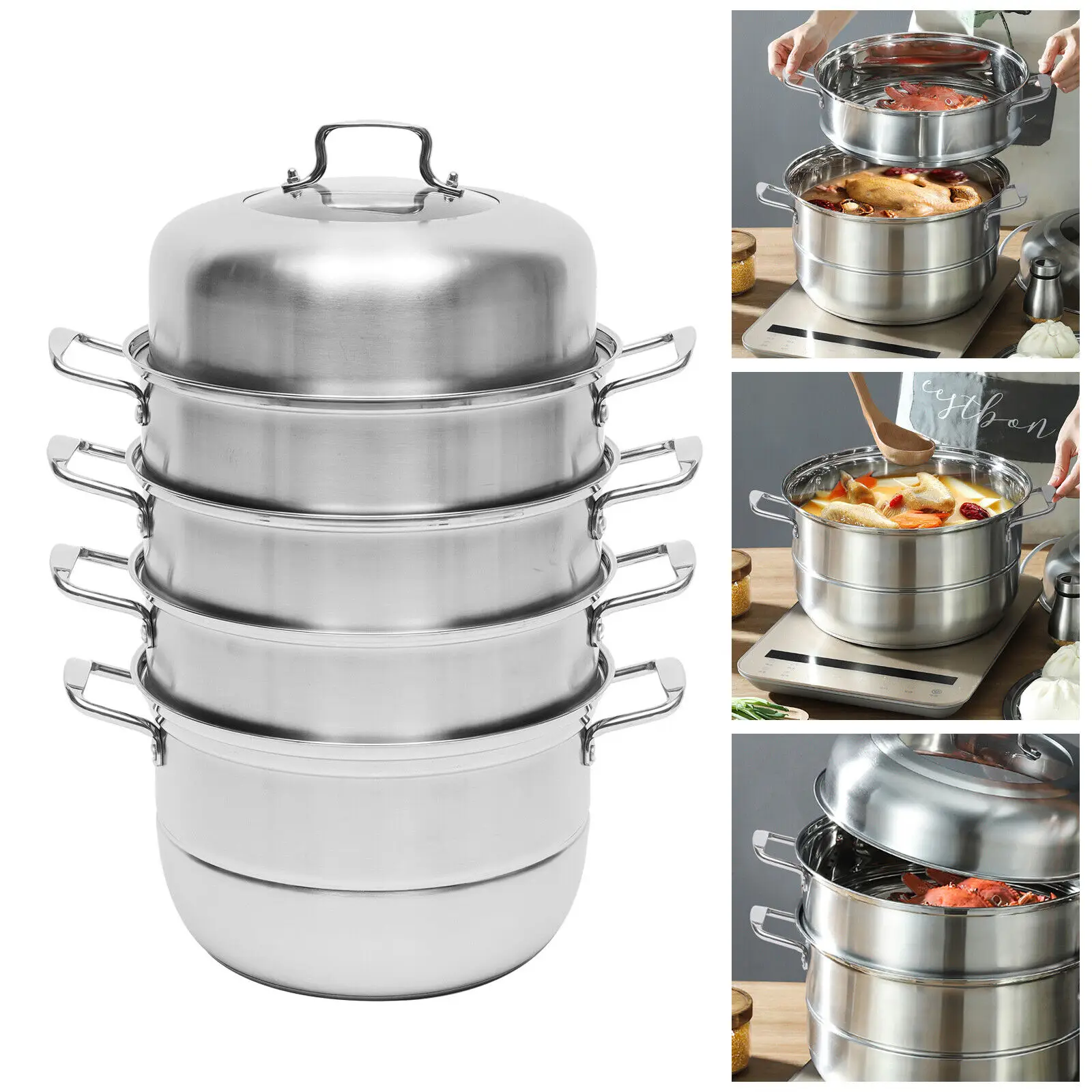 32cm 5-Levels 304 Stainless Steel Steamer Stackable Steam Cooker Steamer with Glass Lid Rustproof Steamer Cooking Pot Soup Pot