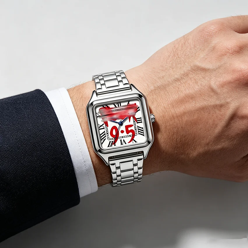 Ladies' Men Square Luxury Watch, Slogan Text on the Large Dial, 30-Meter Water Resistance, Elegant Design, Stainless Steel Strap