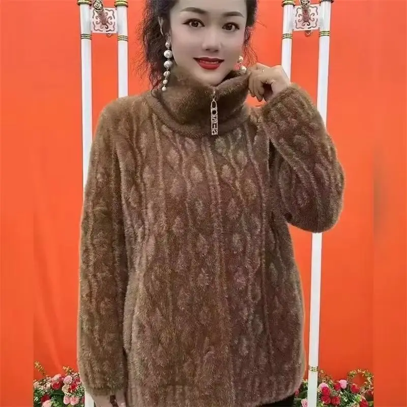 

New Middle Aged Mother Imitation Mink Velvet Coat Women Autumn Winter Thick Knitted Cardigan Sweater Female Casual Zipper Jacket