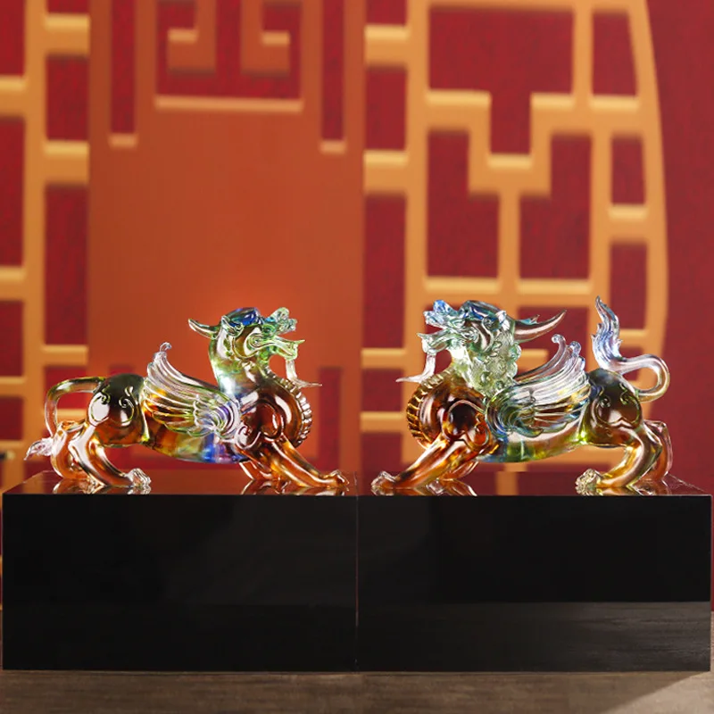 Pair of Glazed Desktop Ornaments Flying Pixiu Home Zen Joy Buddhist Art Pure Handmade Crafts Gift for Giving