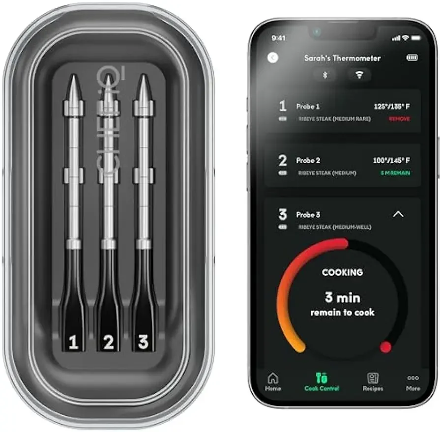 iQ Smart Wireless Meat Thermometer with 3 Ultra-Thin Probes, Unlimited Range Bluetooth Meat Thermometer,