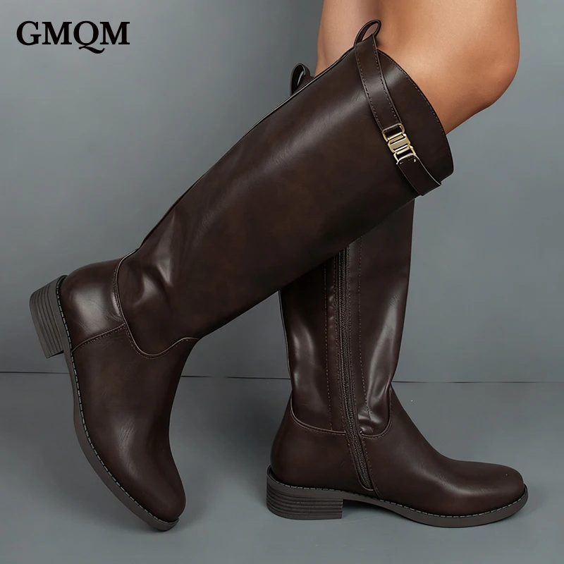 GMQM Women's Knee High Boots Brown Chunky Heel Round Toe Long Boots Side Zipper Wide Calf Riding Boots For Dress Festival Party