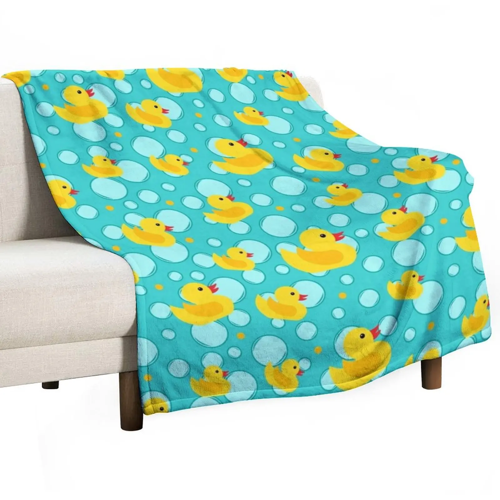 

Cute Aqua Blue Teal Yellow Bathroom Rubber Ducks and Bubbles Throw Blanket Warm Decorative Throw For Baby Blankets