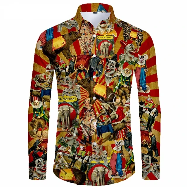 

2025 New 3D Printing Circus Clown Hawaiian Fashion Comfortable Shirt Men's Funny Long Sleeve Spring and Autumn Top Casual