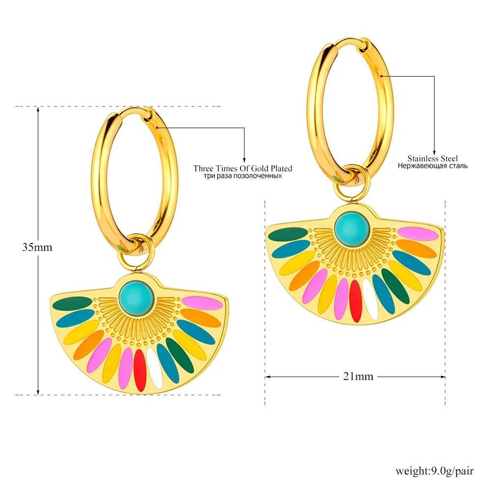 JeeMango Trendy Bohemia Fan Hoop Earrings For Women 18K Gold Plated Stainless Steel Handmade Colorful Glaze Earrings JE22200