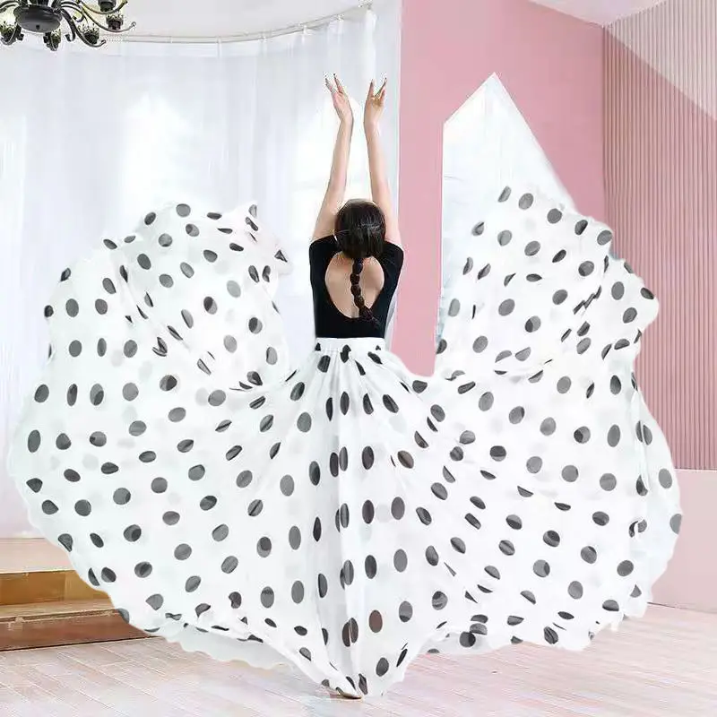 Costume de danse folklorique espagnole en mousseline de soie, décoration à pois, jupe de danse moderne pour dames, robe de plage pour dames, costume de performance de groupe
