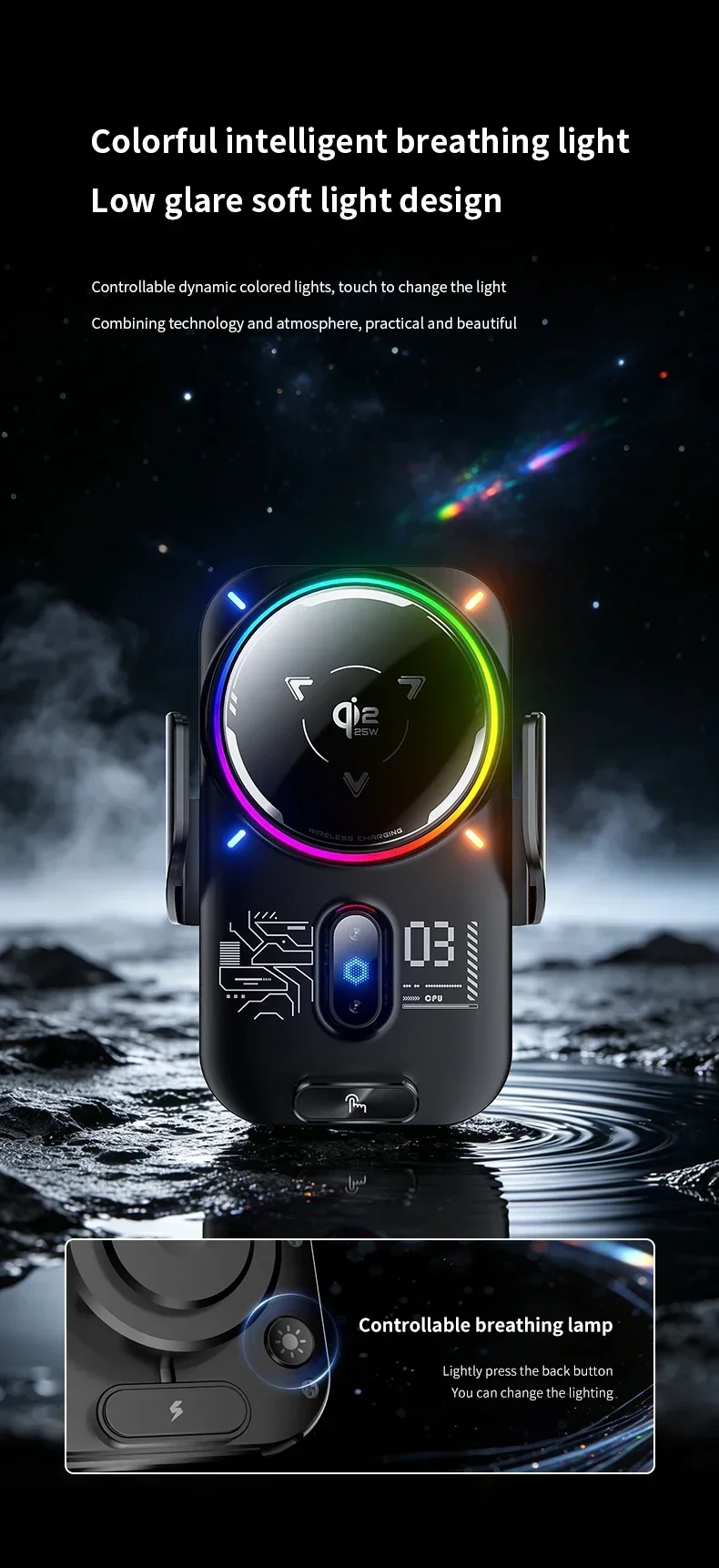 Magnetische & ICE-Kühlung RGB-Licht Qi2 25W Kabellose Ladestation Auto-Handyhalterung mit Induktion für iPhone 17 16 Samsung S26 S25 Ultra – Detail 12
