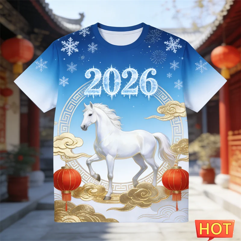 2026 New Horse Graphic New Year T Shirts For Men Fashion Trendy Short Sleeve 3D Printed O Neck T-shirts Casual Oversized Tees