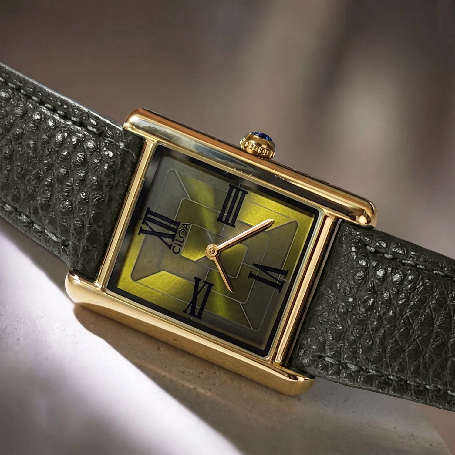 CILOA-Vintage Square Watch for Men, Green Dial Leather Strap Elegant Mens Quartz Watch-569