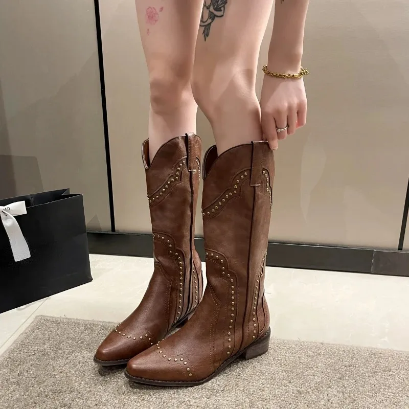 Retro Rivet Long Boots Women Low Heel Cowboy Chelsea Western Pu Leather Knee High Gothic New Ladies Shoes Vintage Brown Botas