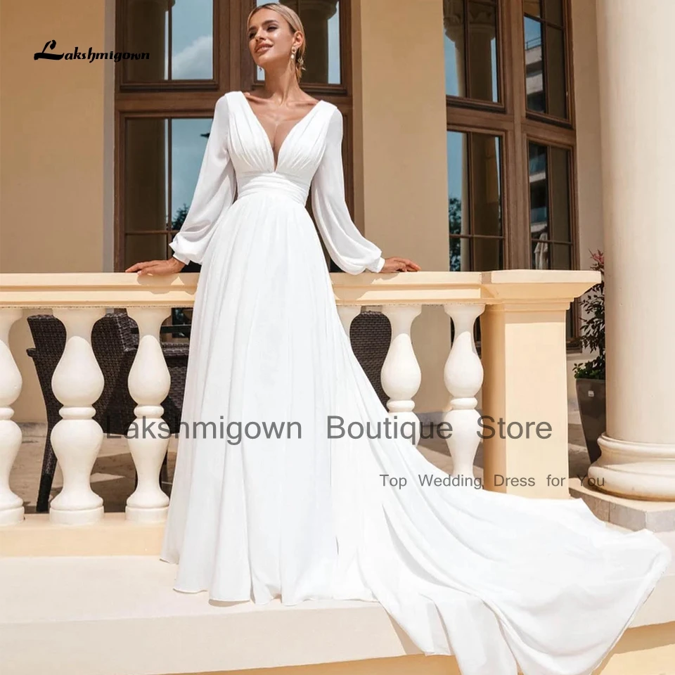 

Lakshmigown Plus Size White Puffy Long Sleeve Beach Wedding Dress 2023 Vestido De Casamento Simple A Line Bridal Dresses